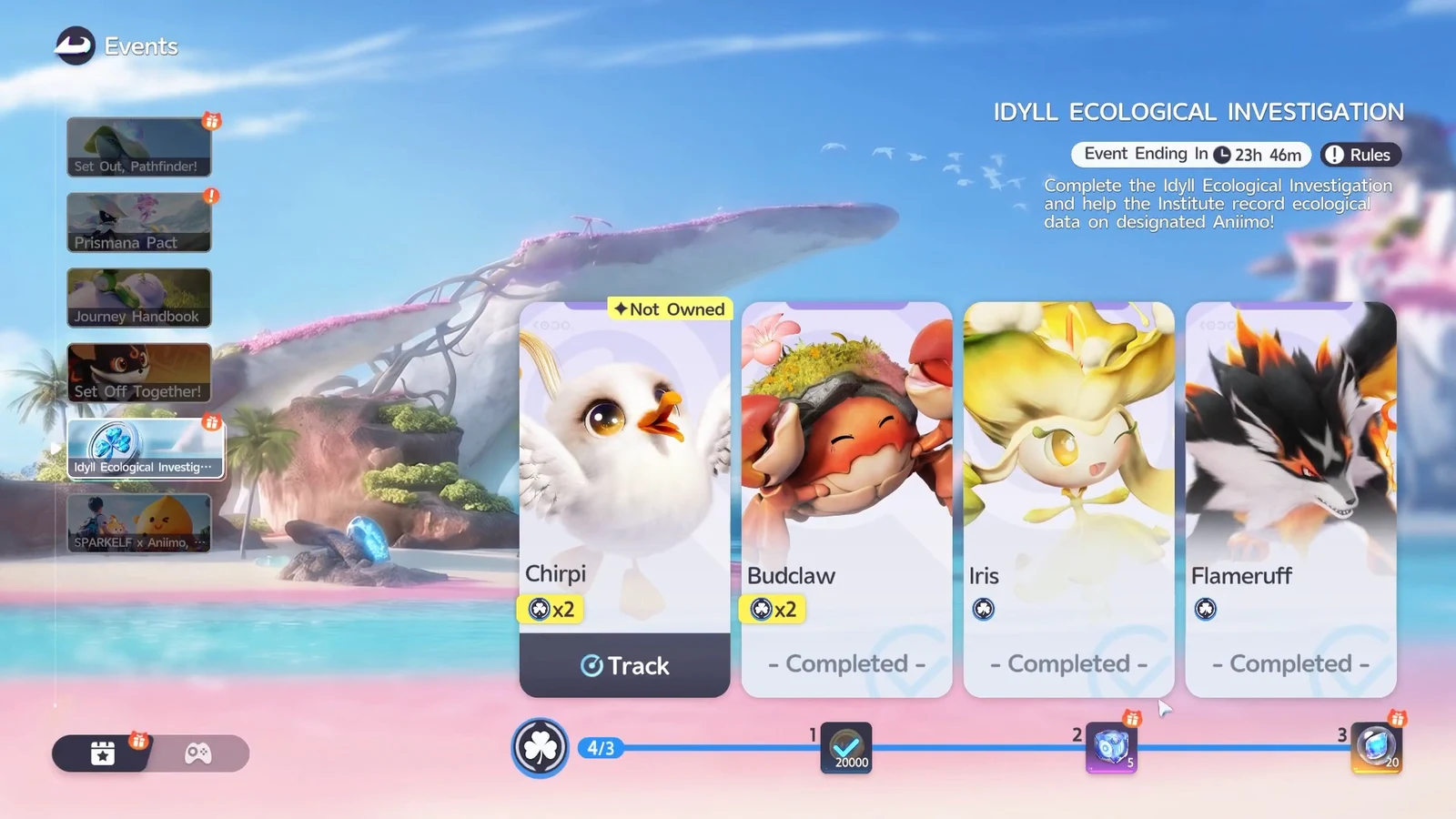 Event card for Chirpi marked as not owned, with the Track button ready to press
