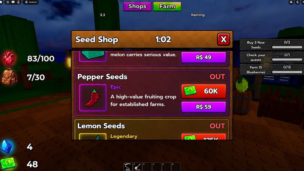 The Seed Shop list showing tomato, pumpkin, grape, pepper, lemon and watermelon seed entries