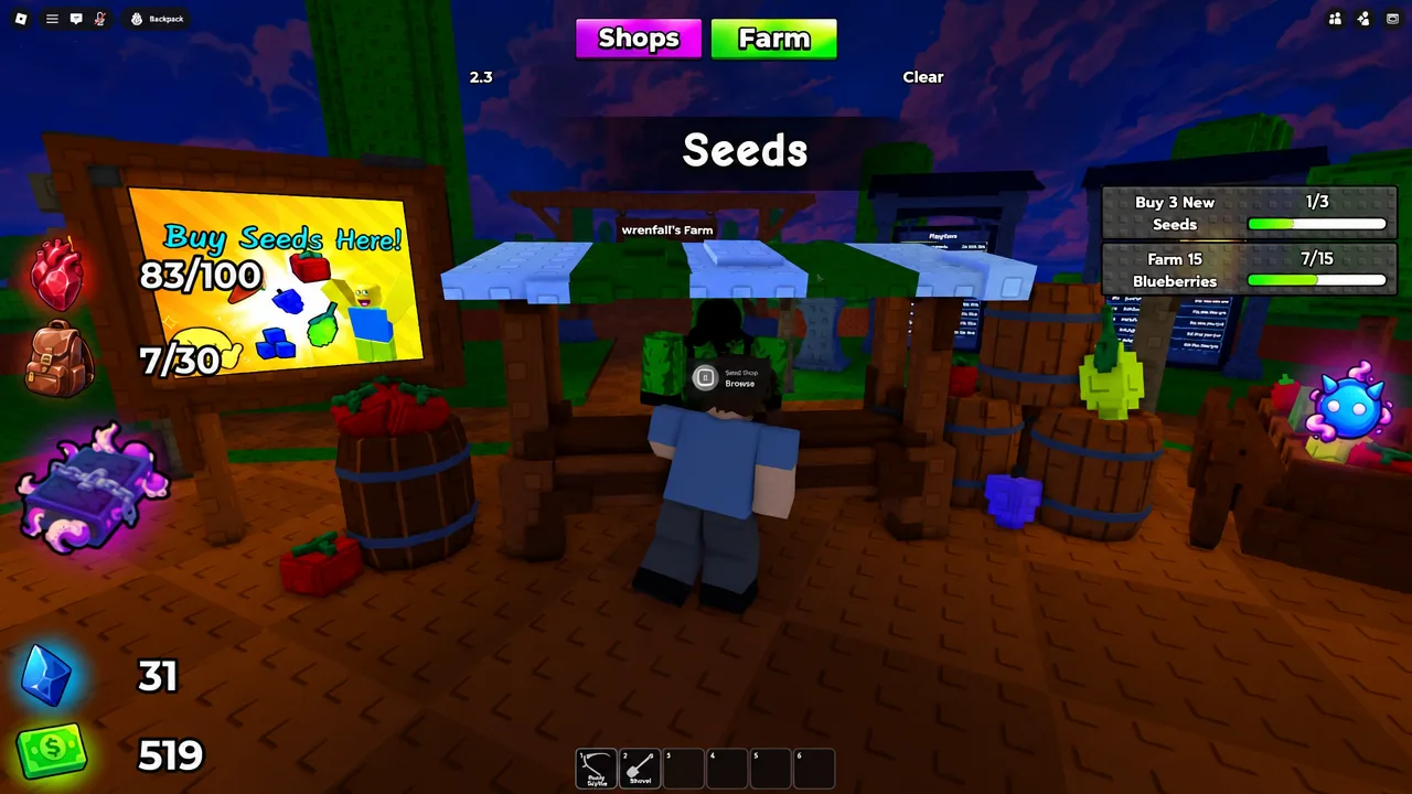 The Seeds screen with the Browse prompt highlighted to open the seed shop stock