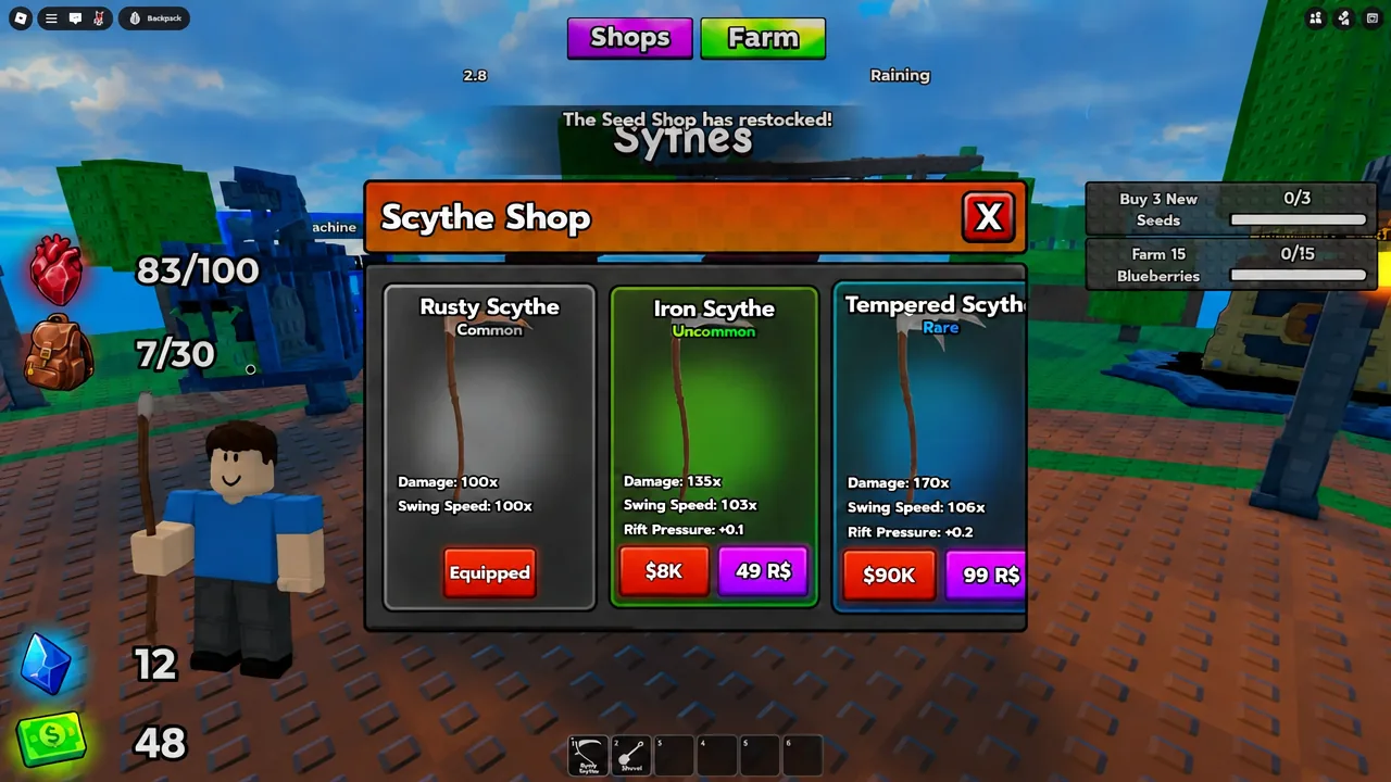 The Scythe Shop menu with the Rusty Scythe marked Equipped next to Iron and Tempered options