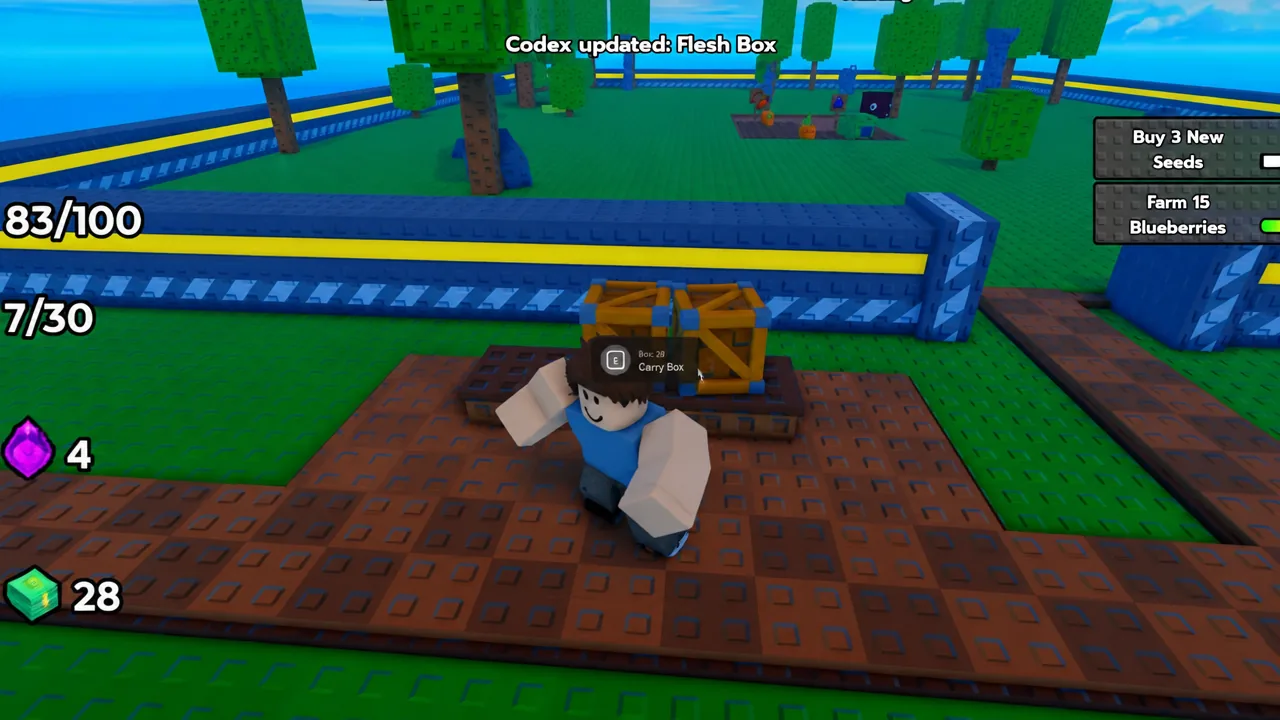 The E — Carry Box prompt appears over a filled crate on the farm plot before selling