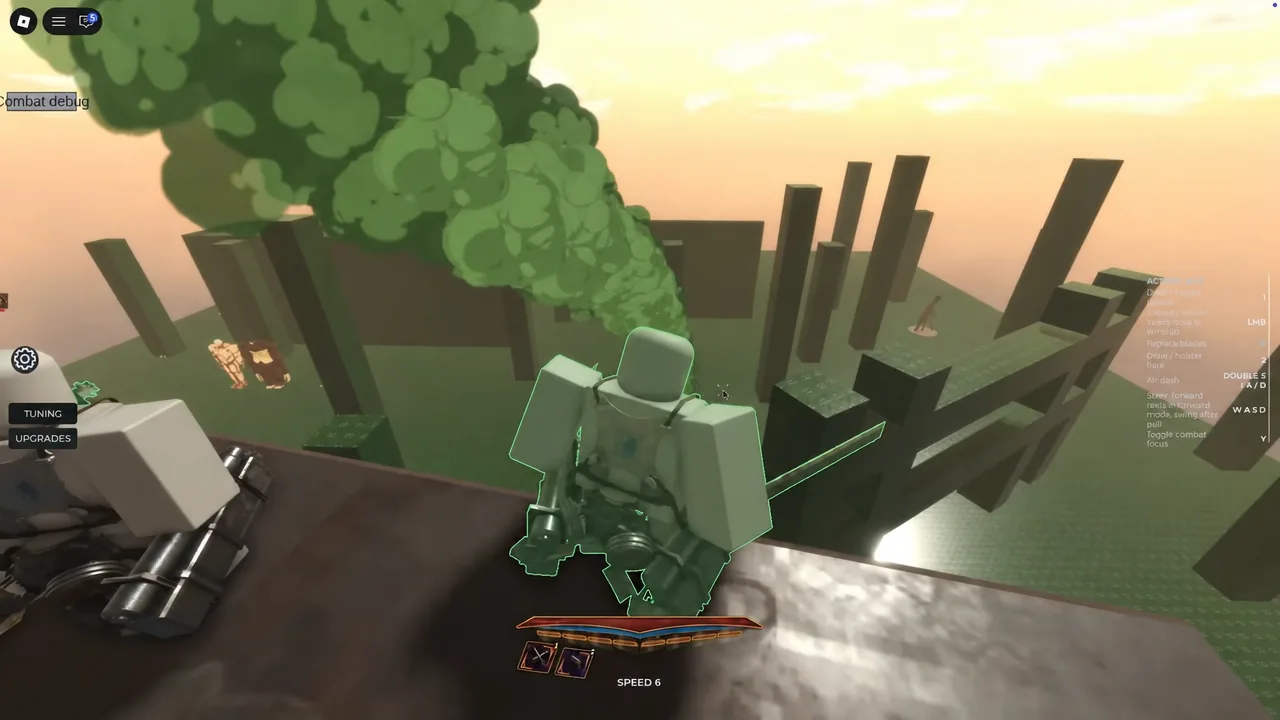 Character firing a colored signal smoke flare from the top of a wall