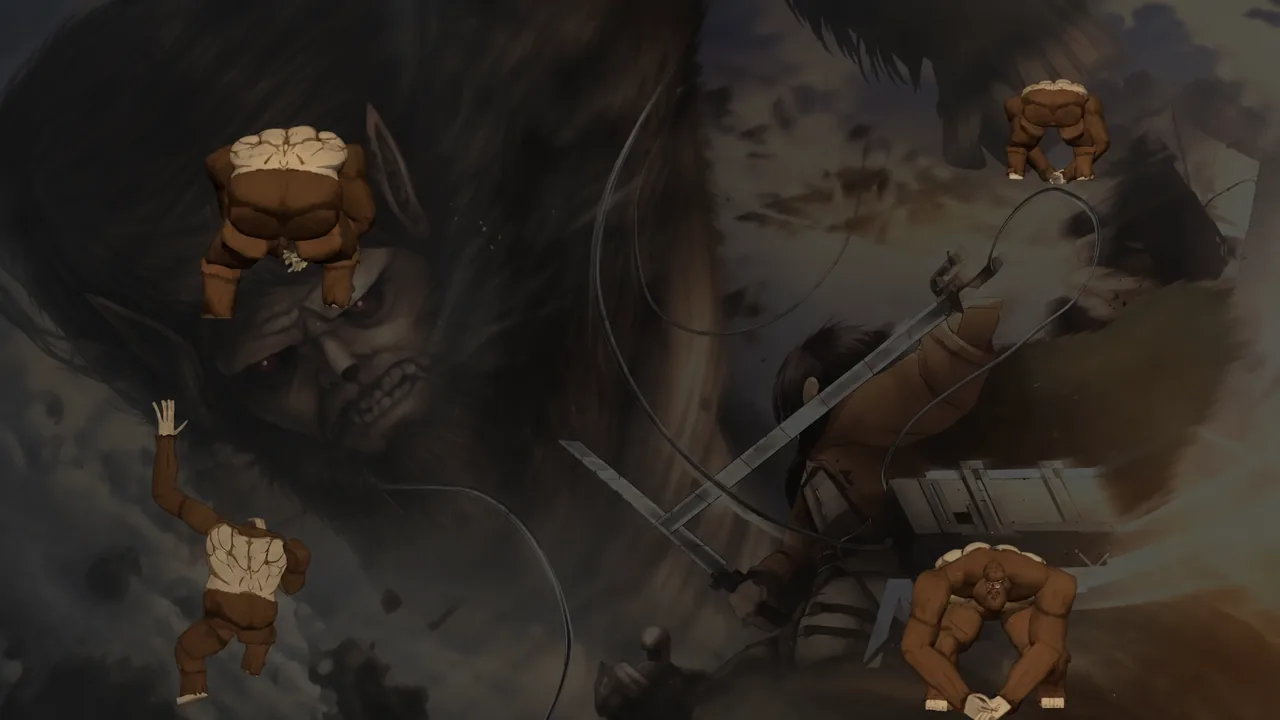 Multi-view grid of the Beast Titan climbing a vertical wall and hanging from a ledge