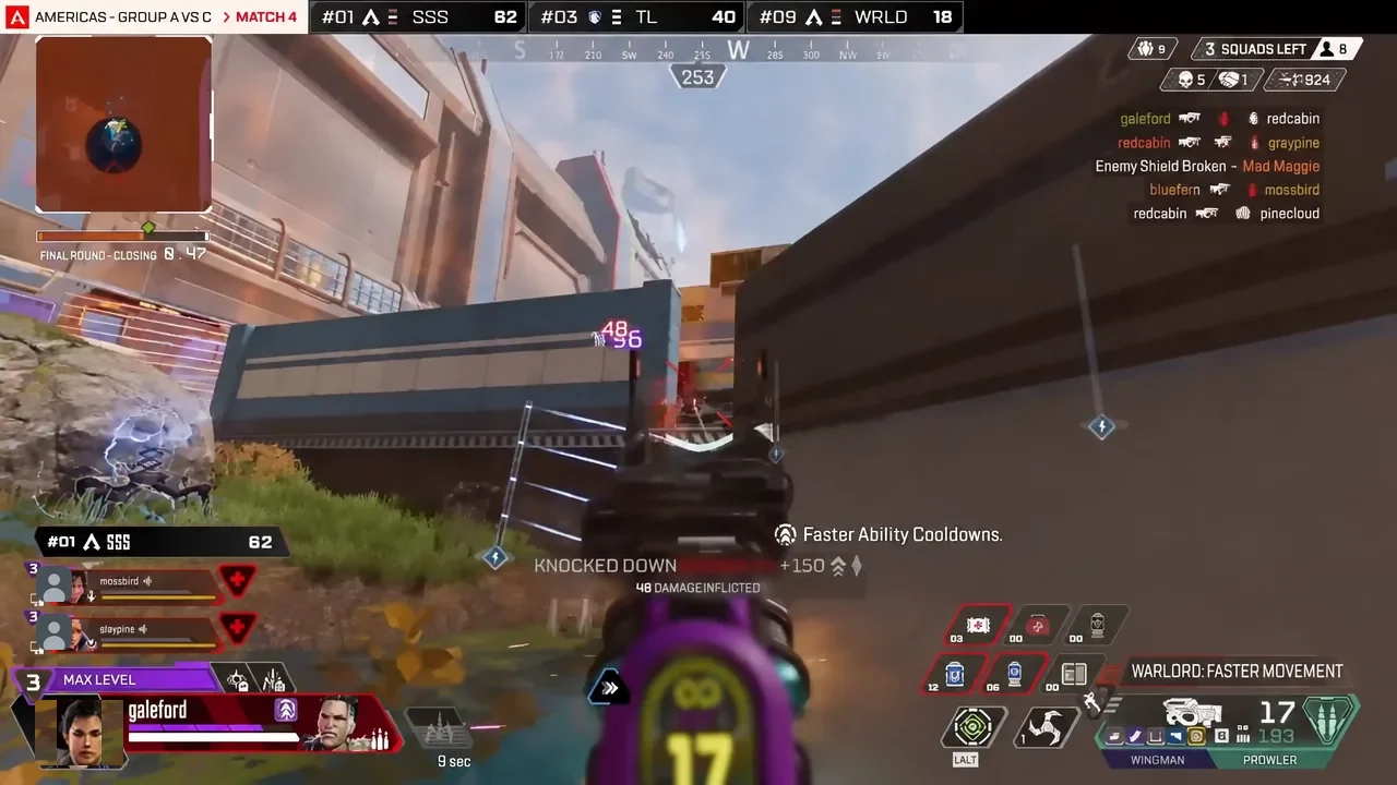 Wingman shot lands on an enemy in Apex Legends, with damage numbers and a knockdown on screen