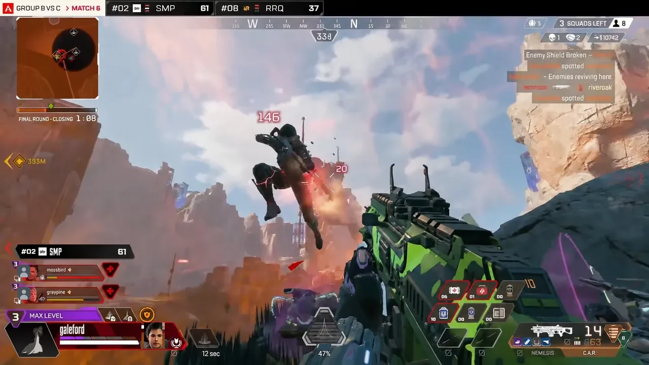 Nemesis fire tracking an airborne enemy in Apex Legends with damage numbers and a shield break