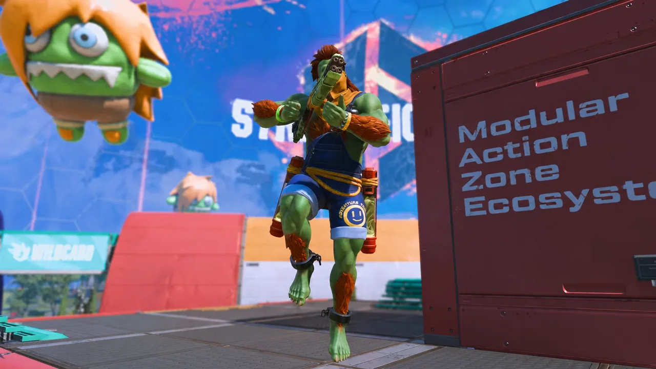 Ryu-themed Legend aiming a crossbow beside the Blanka skin holding a Blanka-chan doll