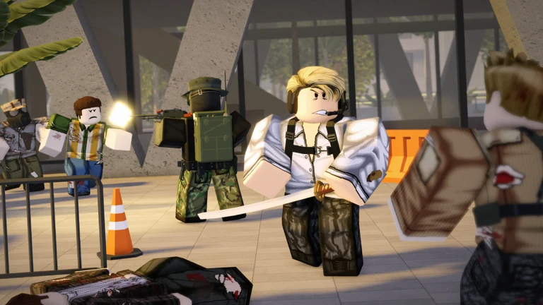 A blonde survivor holding a machete stands with armed companions beside damaged buildings and construction barriers during daylight.