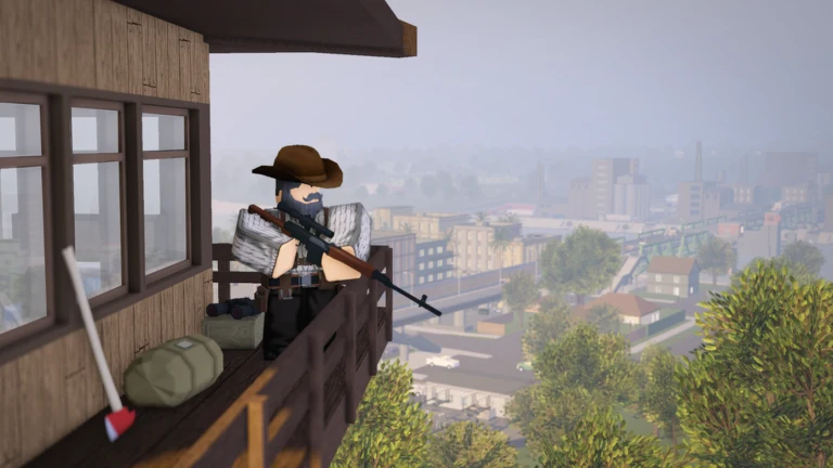 A cowboy-hatted survivor with a rifle watches a sprawling city from a building balcony in daylight.