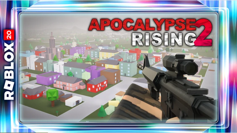 A first-person survivor aims a scoped rifle over a colorful Roblox city in daylight, beneath the Apocalypse Rising 2 title.