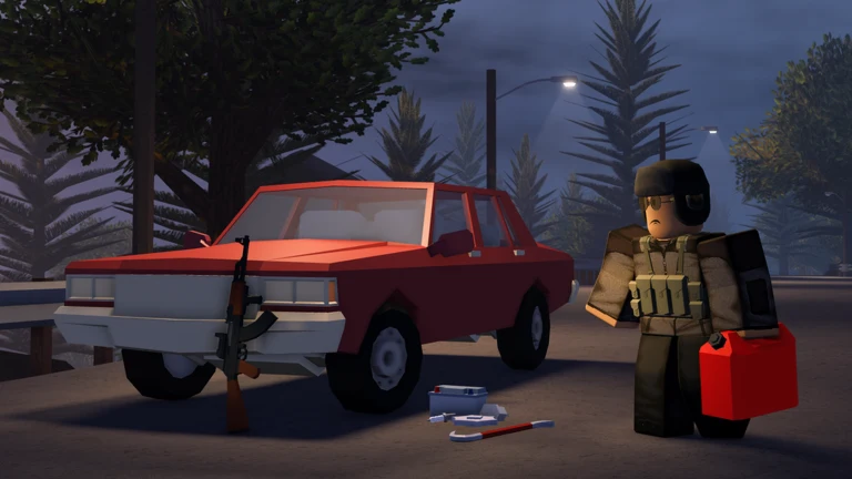 A survivor carrying a red fuel can stands beside a red pickup truck on a tree-lined road at night.