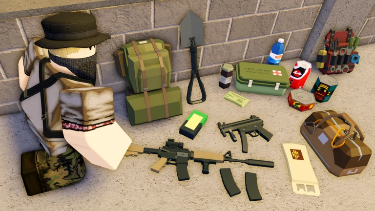 A tactical survivor stands beside rifles, ammunition, medical supplies, backpacks, and equipment arranged on a concrete floor.
