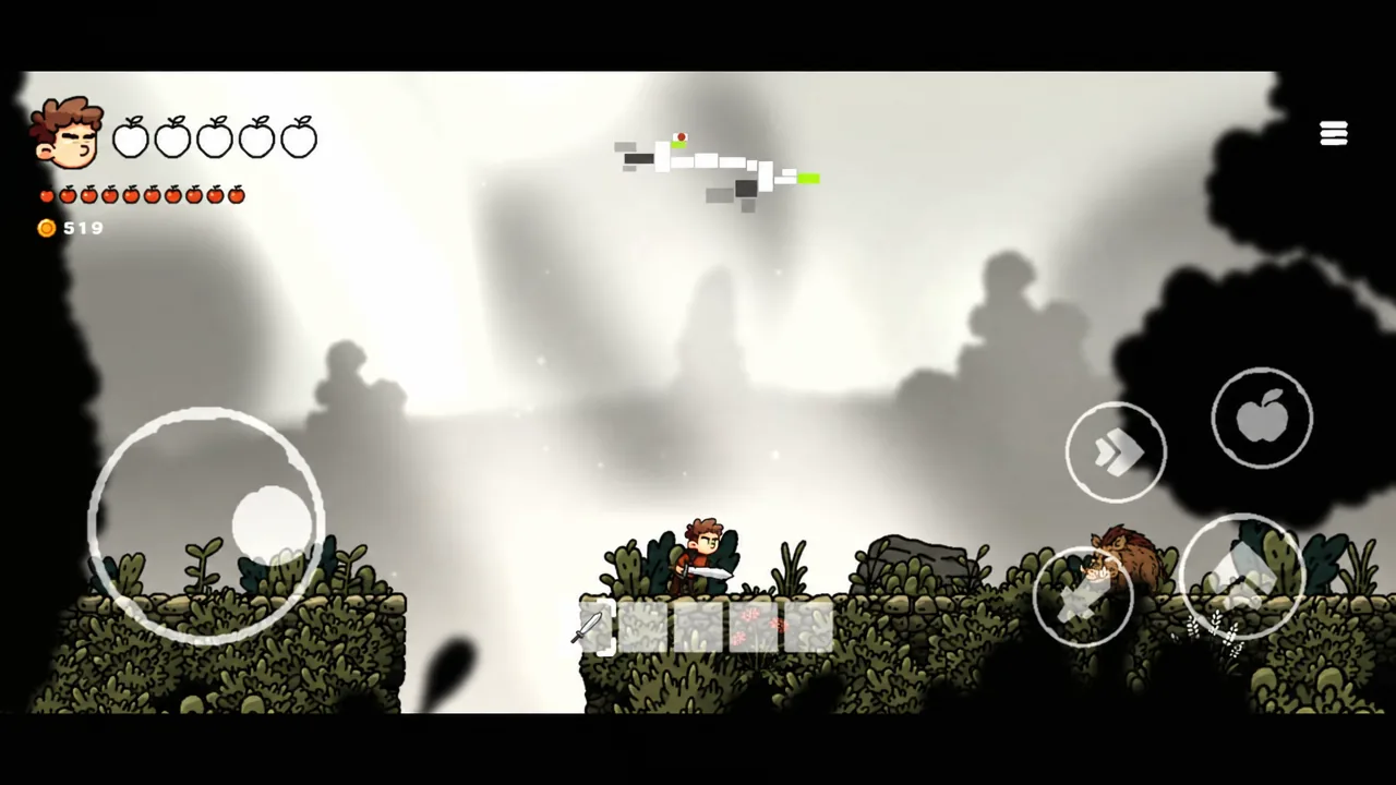 Player aiming a weapon at a boar enemy with touch controls and inventory bar visible