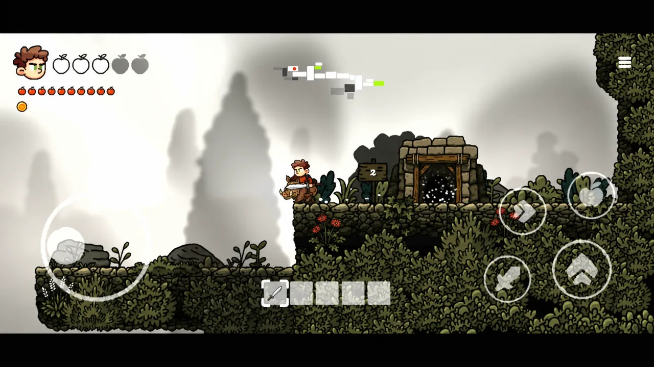Character approaching a Forest cave entrance with the sword selected in the bottom hotbar