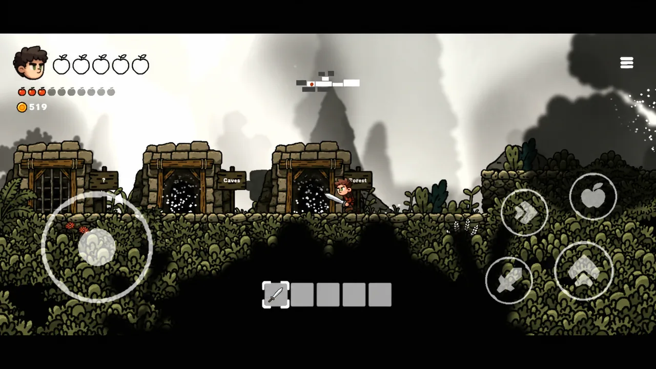 Player attacking near a Forest cave entrance with the sword inventory slot highlighted