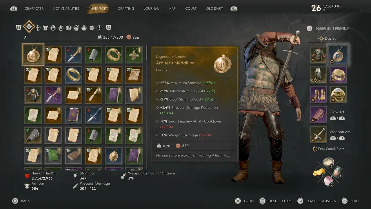 Inventory screen showing the Arbiter's Medallion legendary amulet and its stamina bonuses