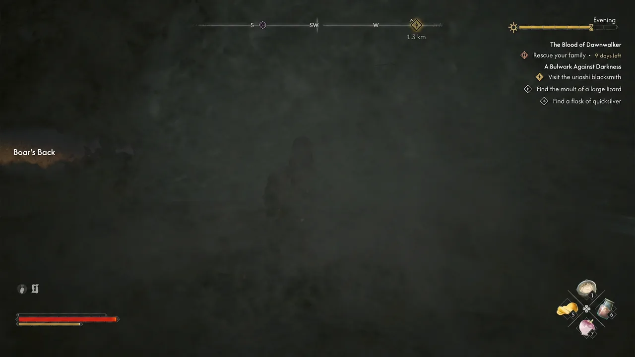 Boar's Back gameplay with the compass objective marker showing 1.3 km to the target