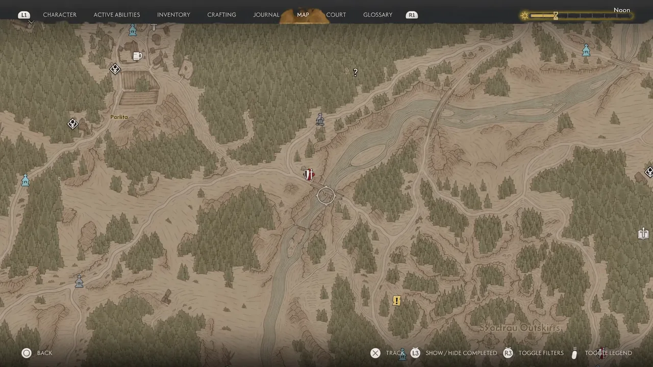 World map screen with a custom marker placed on the river bend leading to the hidden cave
