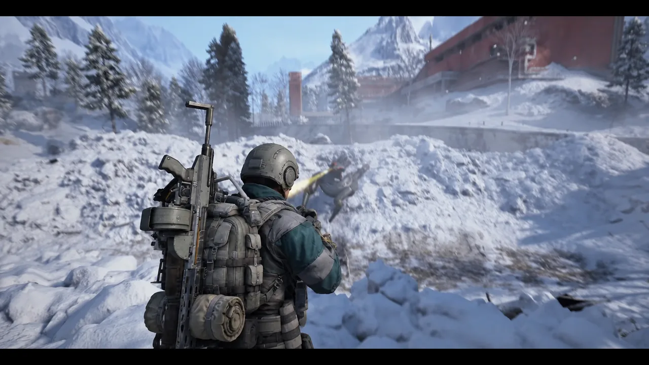 Raider aiming and firing across a snowy battlefield in Pendola Pass