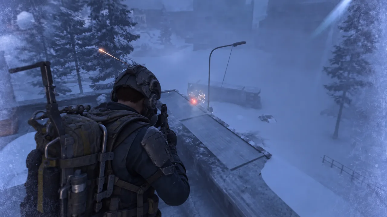 Raider aiming down a snowy rooftop toward a bright impact in the distance