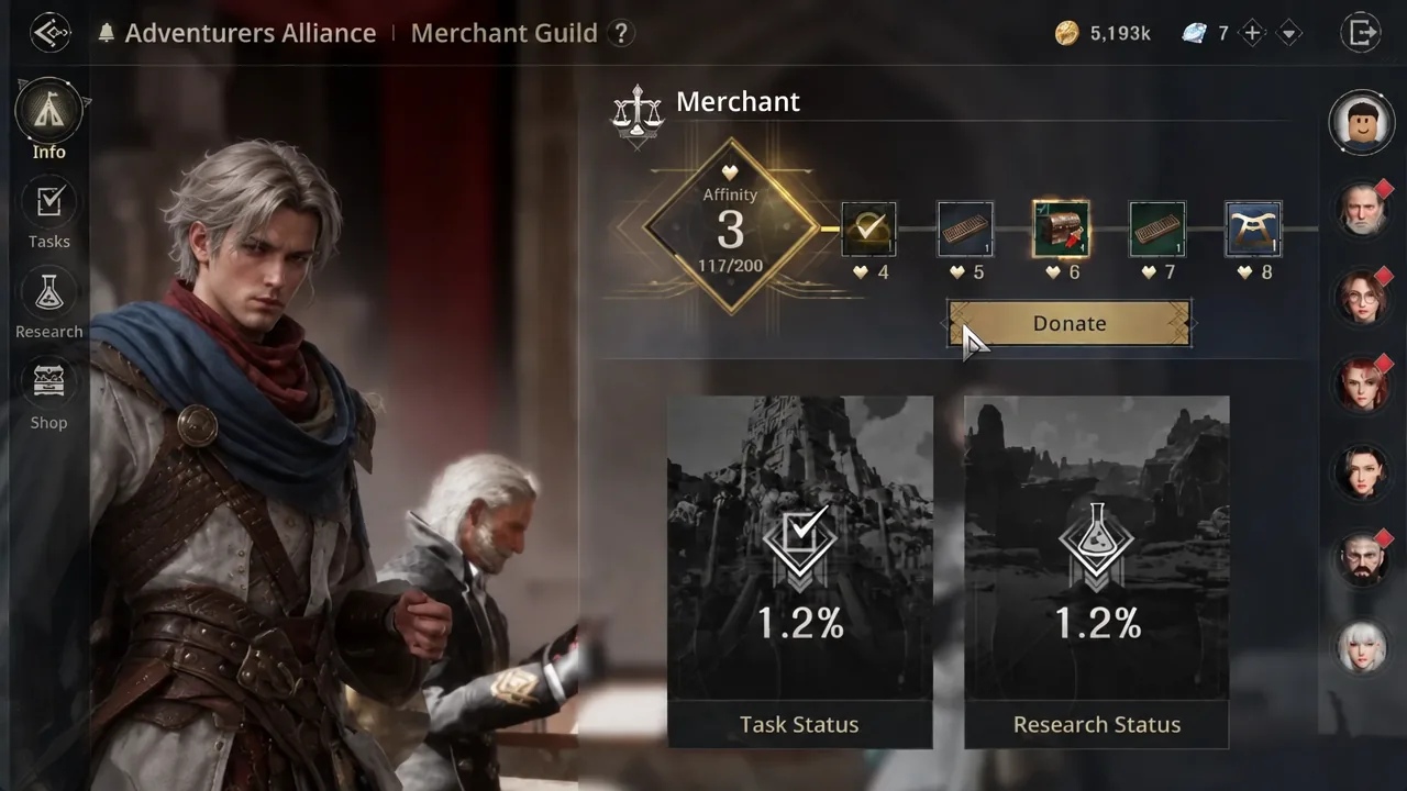 Merchant guild panel with the Donate button available at Affinity 3