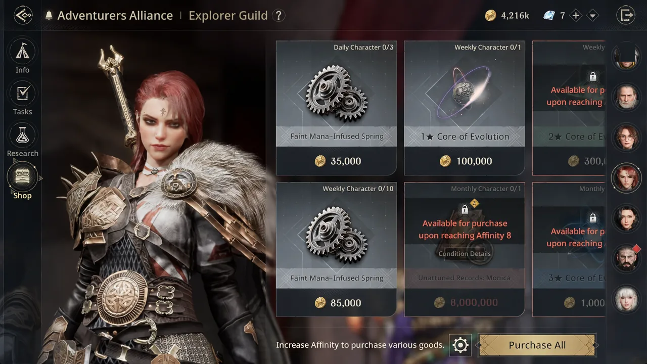 Explorer Guild shop tab listing affinity goods with a Purchase All button