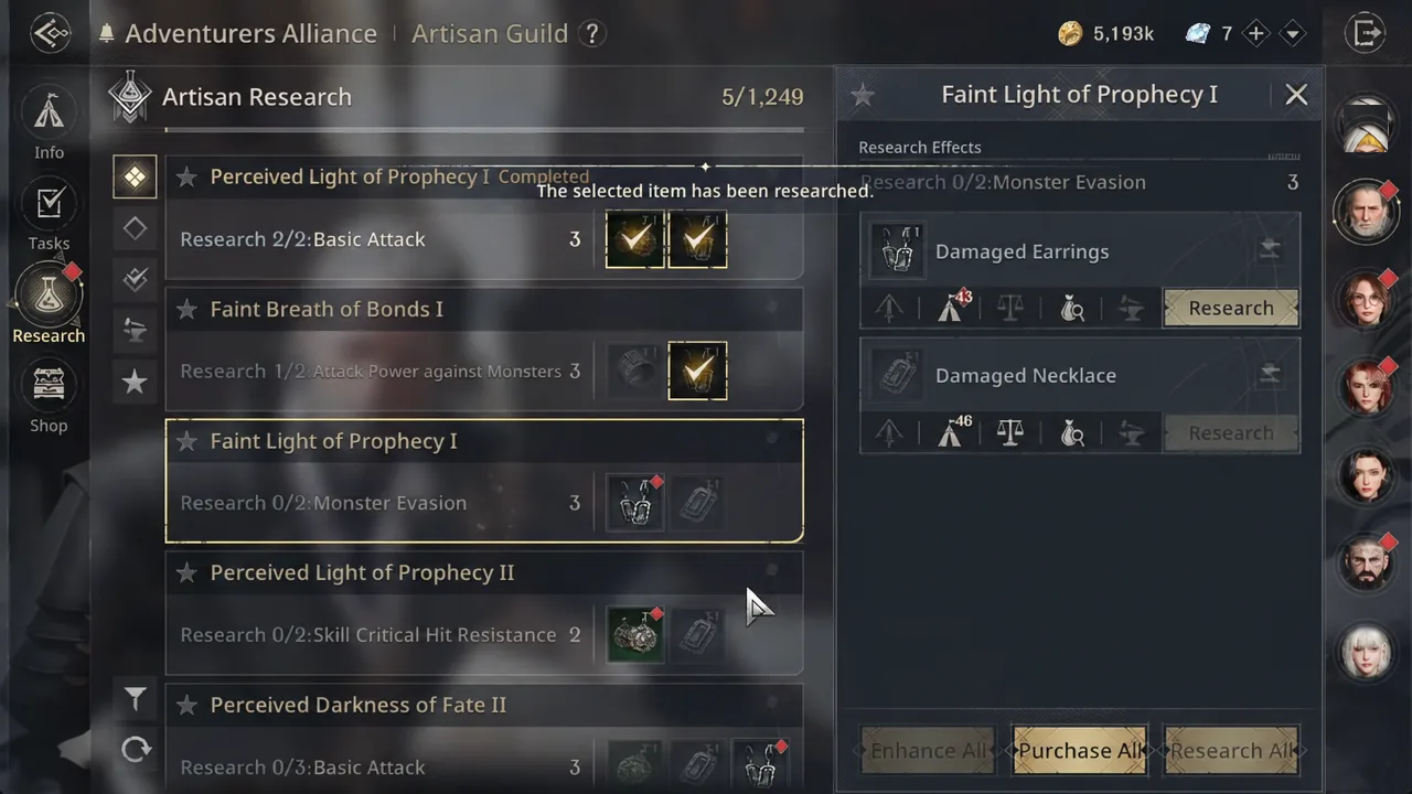 Artisan research screen with Faint Light of Prophecy I selected next to Damaged Earrings