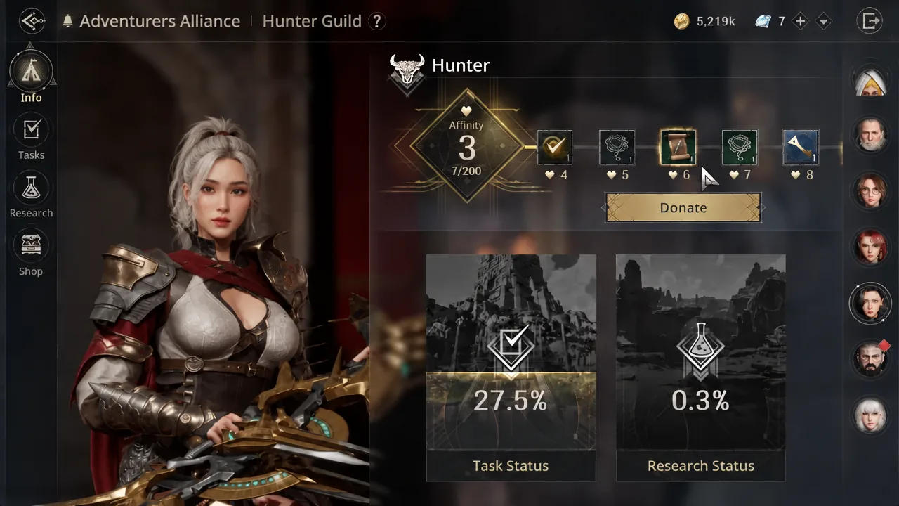 Hunter Guild panel with the Donate button highlighted to raise Hunter affinity