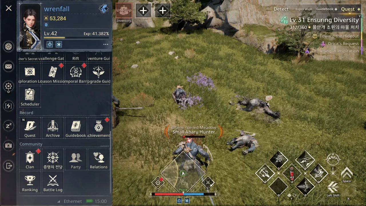 Field farming against Abaru monsters, with the Scheduler highlighted in the menu.