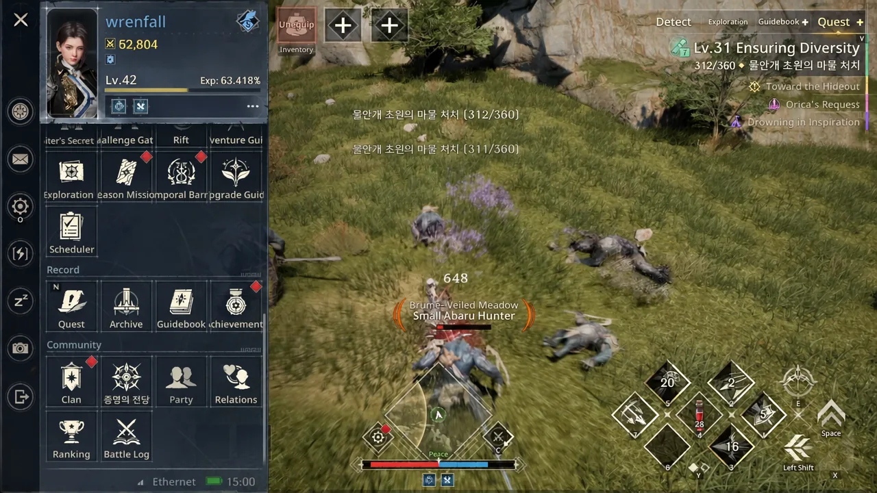 Hunter attacking a Small Abaru Hunter with the in-game menu open and Scheduler highlighted