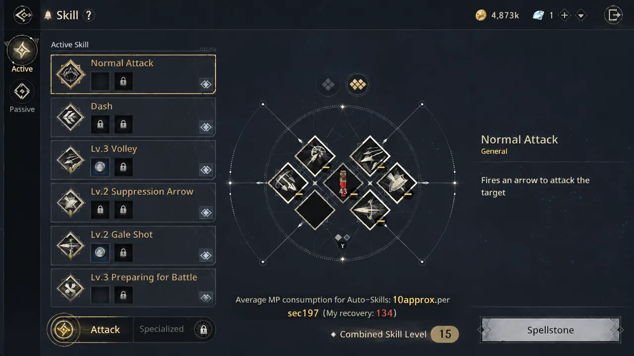 The Active tab of the Skill screen, starting with Normal Attack details.