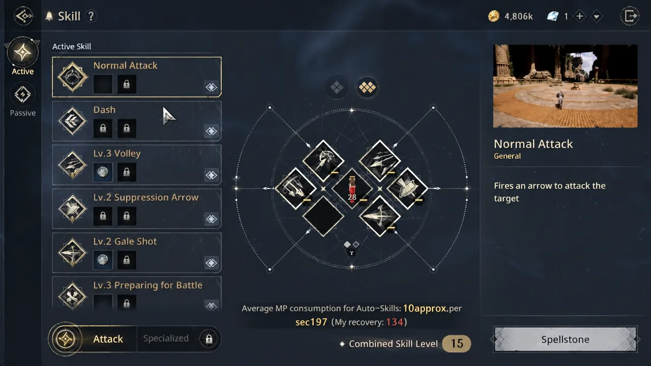 Skill screen Active tab with Normal Attack selected and its description shown