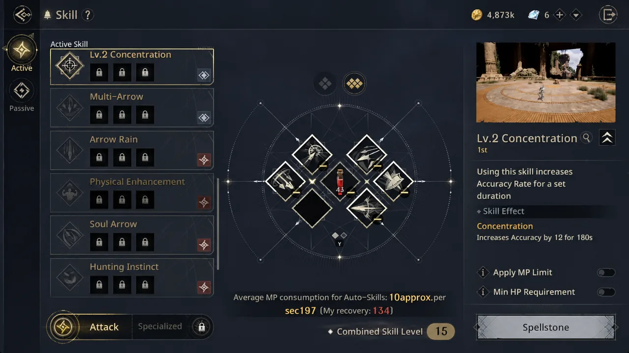 Skill screen showing Lv. 2 Concentration selected with its skill slots being configured