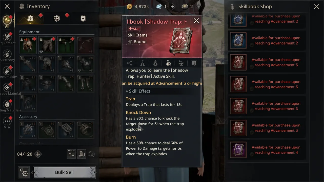 Inventory screen displaying the Shadow Trap: Hunter skillbook item and its details