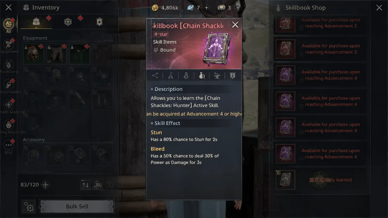 Skillbook Shop with the Chain Shackles entry selected and its item details open