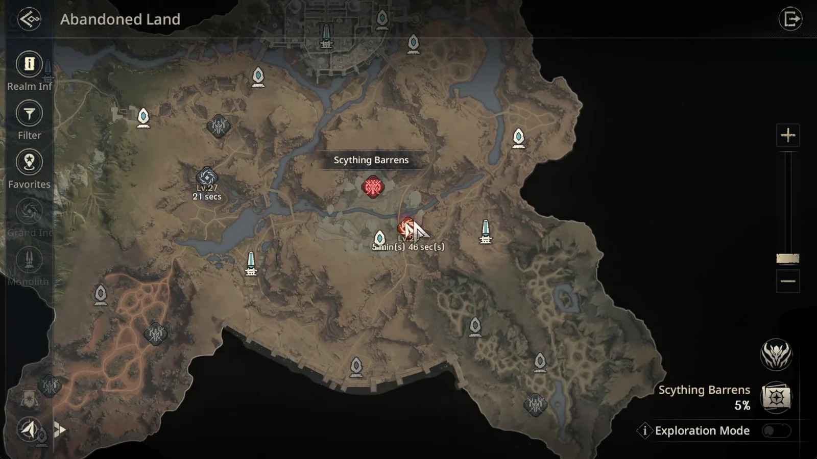 Abandoned Land map open, showing Scything Barrens and nearby zones with level markers and travel times