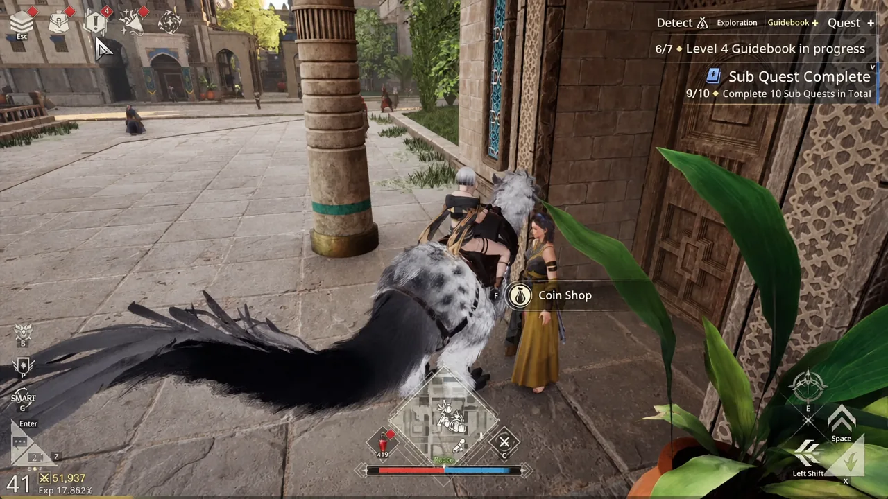 Coin Shop interaction prompt highlighted in the world, telling the player to press F to open it