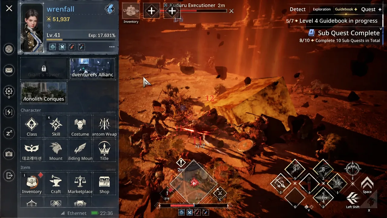 Combat against a Kuduru Executioner with its health bar showing as the target