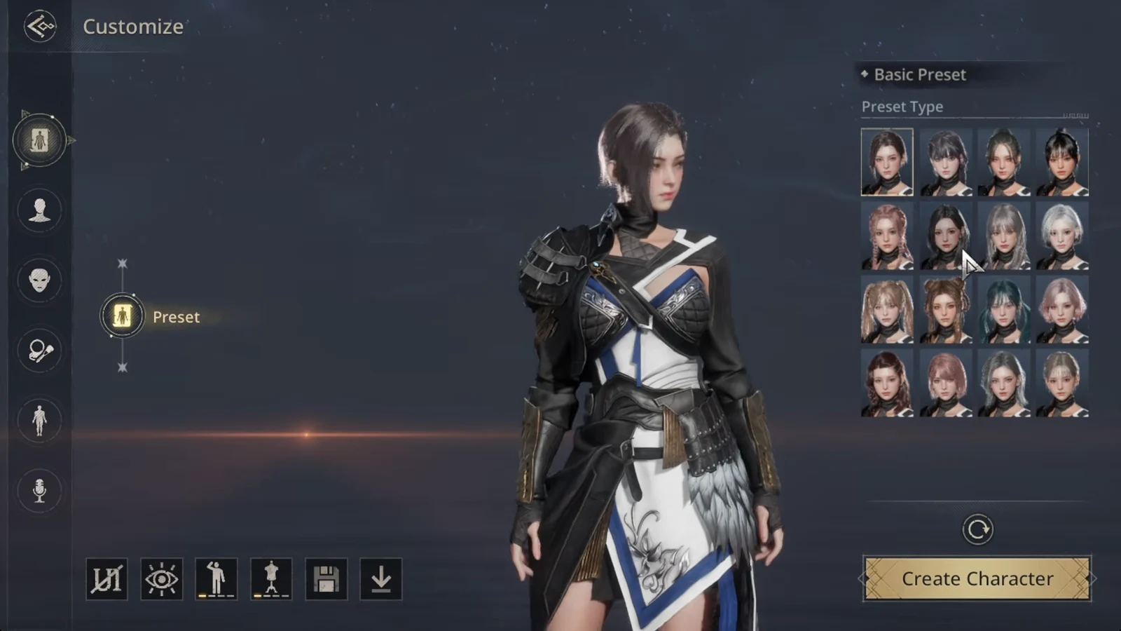 Customize screen with the Basic Preset menu open and a face preset selected