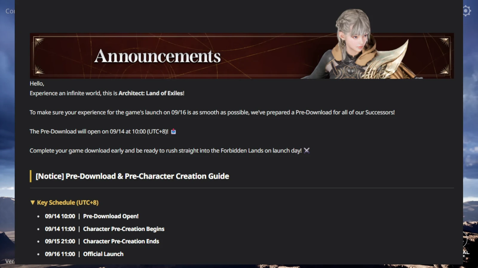 In-game Announcements notice listing the pre-download and pre-character creation schedule in UTC+8