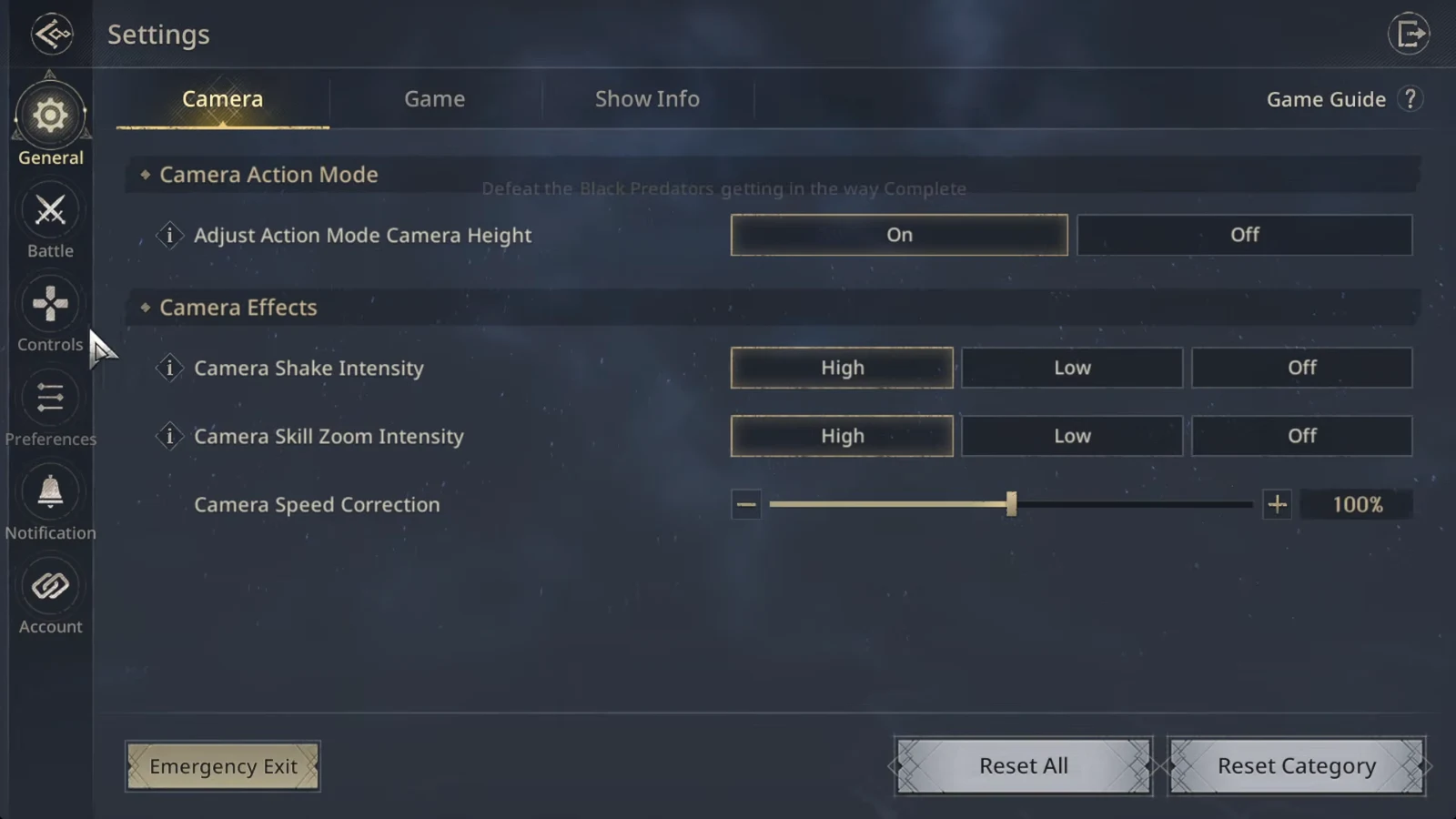 Settings menu Camera tab showing camera speed correction and camera effect options