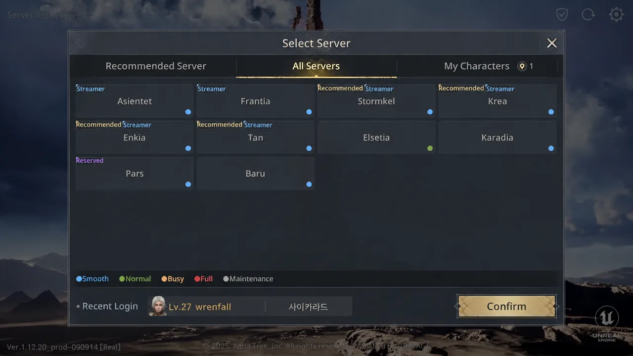 Select Server screen with the All Servers tab open and a server highlighted before confirming