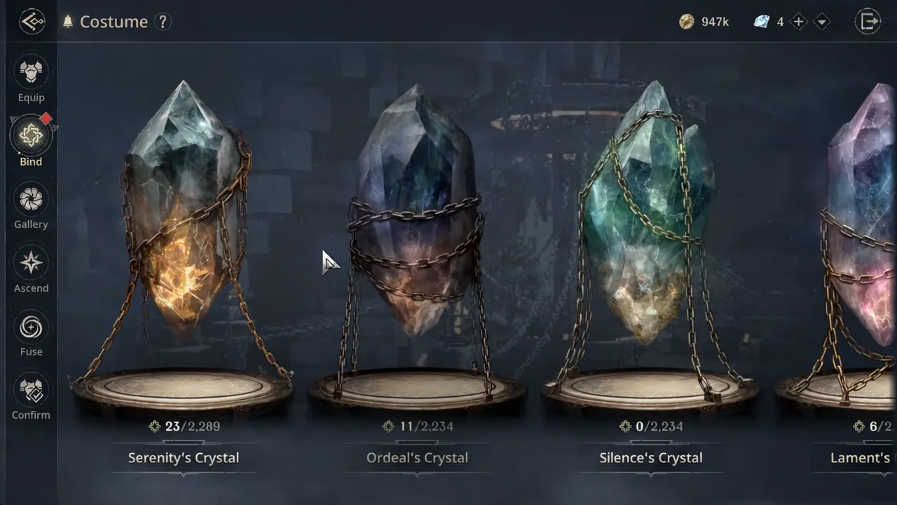 Costume screen with Serenity's Crystal highlighted among the available crystals