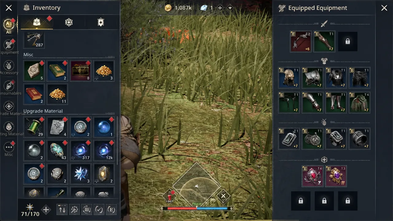 Inventory equipment tab open, with equipped weapons, armor and accessories listed