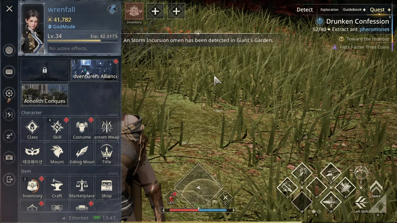 Main menu open on a level 35 character, with the inventory reachable from the panel