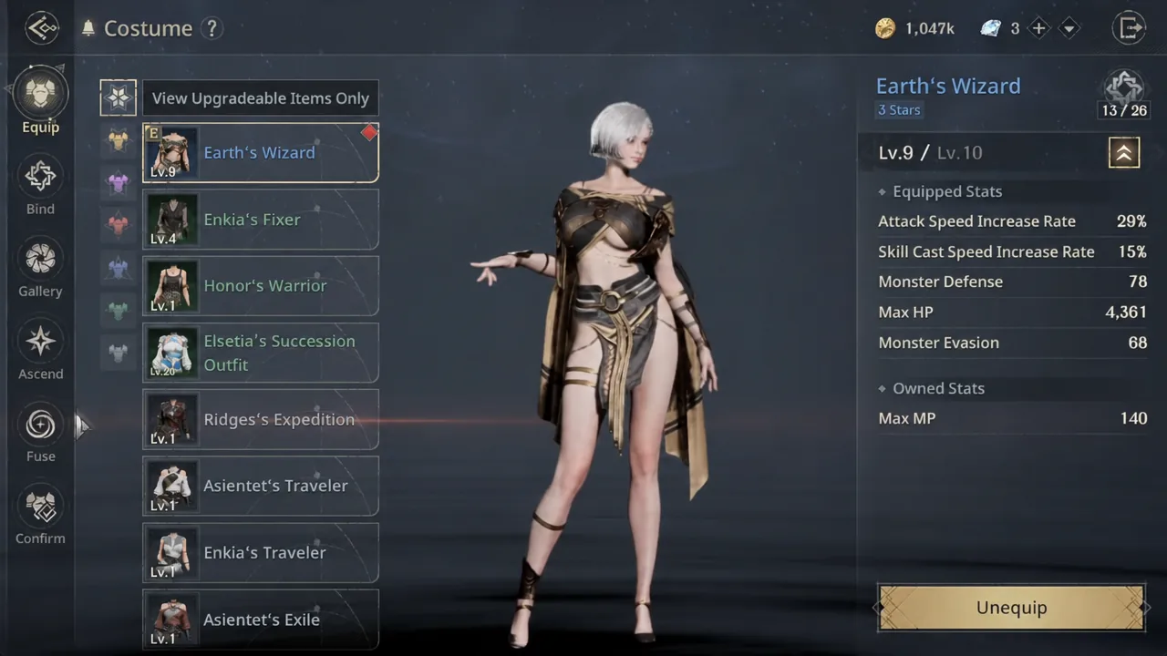 Costume screen with Earth's Wizard selected and its equipped stats displayed