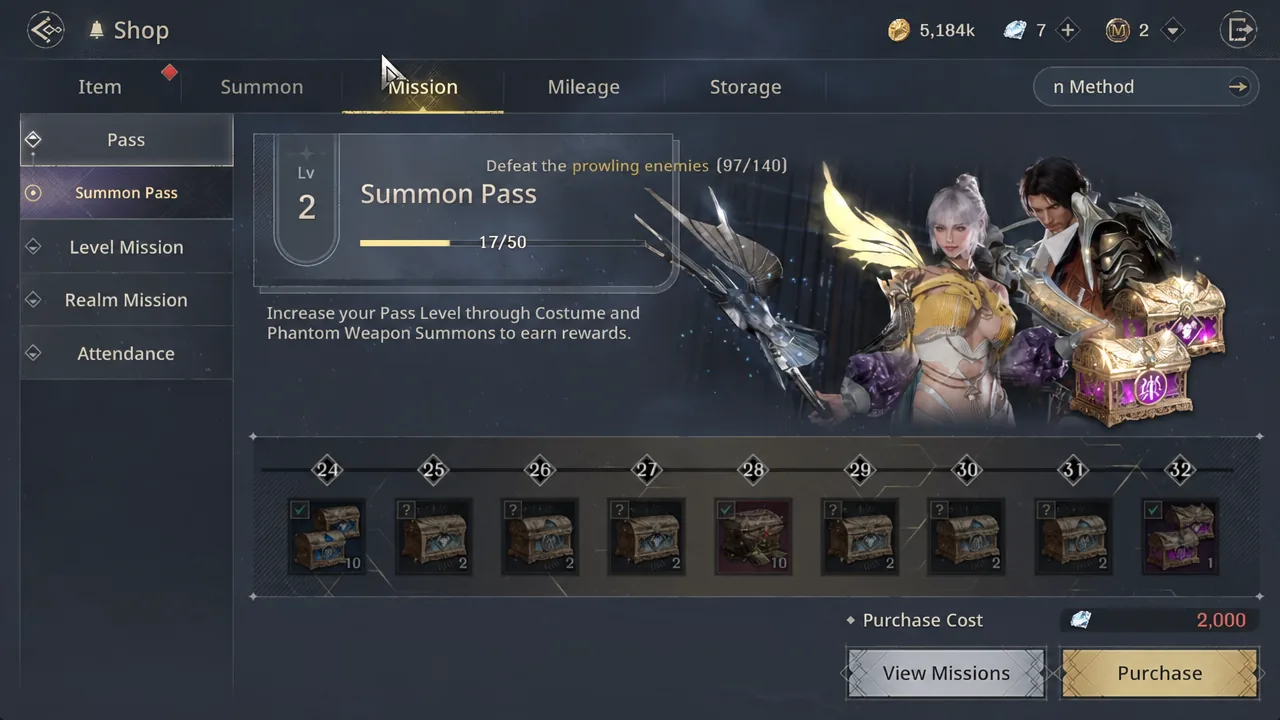 Summon Pass screen under the Mission tab with the Purchase button highlighted