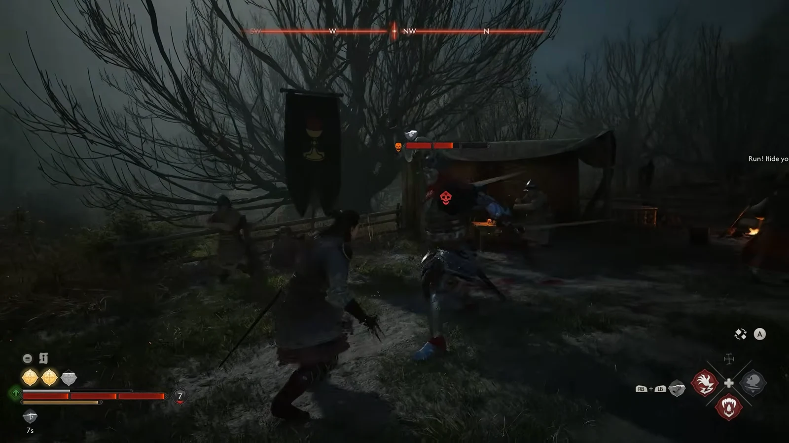 Coen striking an enemy beside a camp with an enemy health bar and interaction prompt on screen