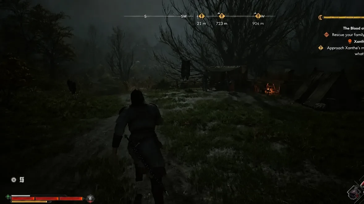Quest HUD showing Coen approaching a marked objective 21 metres away at night
