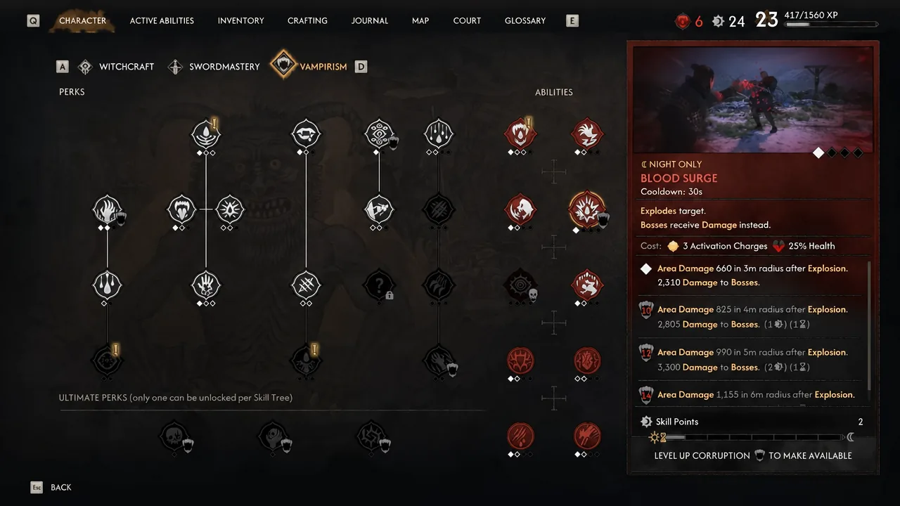 Character menu showing the Blood Surge ability description and its upgrade levels