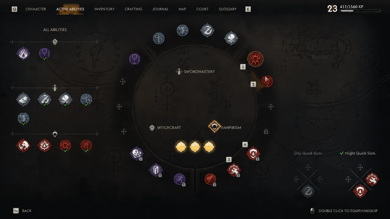 Active Abilities menu with the Vampirism branch selected while equipping abilities to slots